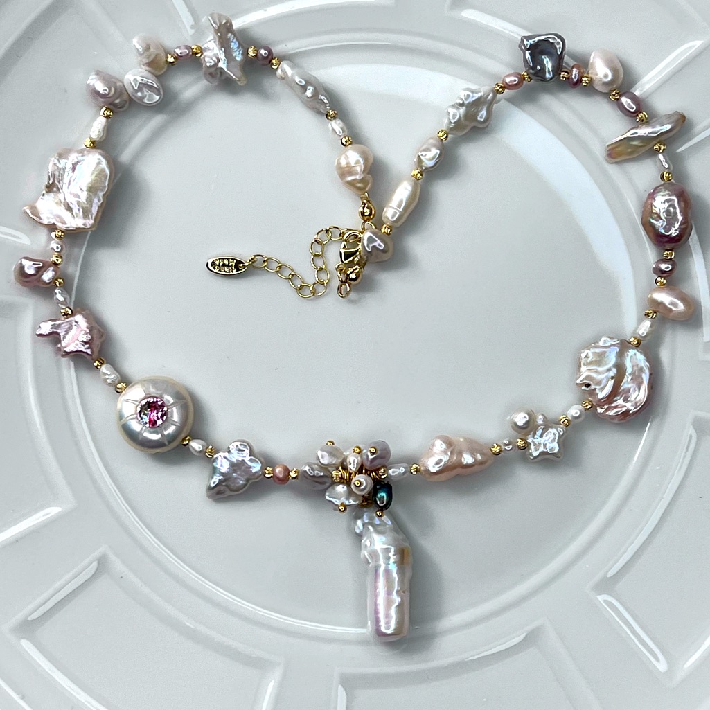 Handmade Freshwater Carved Crystal Keshi Multi Shapes Pearl Pendant Necklace